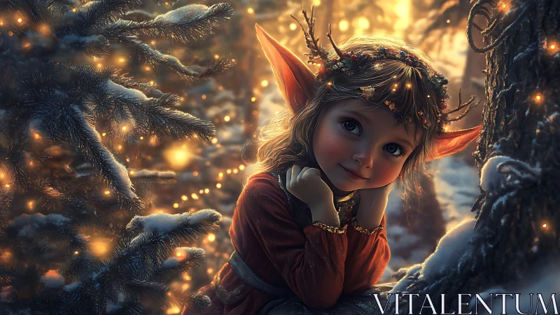 Winter forest elf child glows amid sparkling fairy lights.