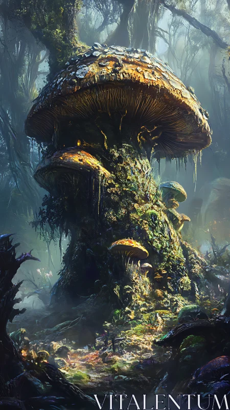 Giant fungal structure within dense misty forest environment.