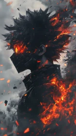 Flaming masked figure rendered in high-contrast digital profile