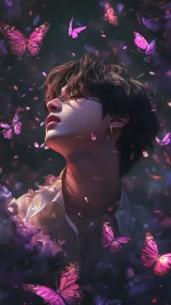 Midnight dreamer crowned in violet butterflies and starlit petals.