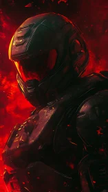 Cybernetic heavy armor silhouette amid inferno-grade backlight.