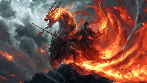 Flameborn warlord rides a roaring inferno dragon storm