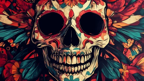 Colorful floral skull artwork with bold decorative details.