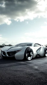 Futuristic BMW concept coupe under dramatic storm sky.