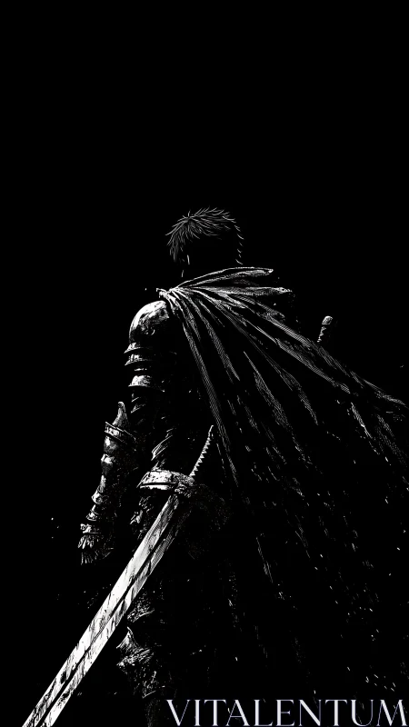 Solitary armored swordsman in stark black and white profile.