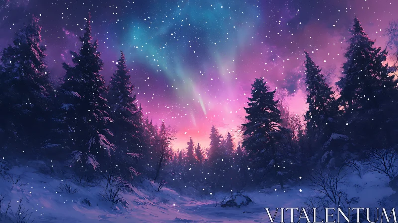 Aurora-lit conifer forest under dynamic winter snowfall at dusk