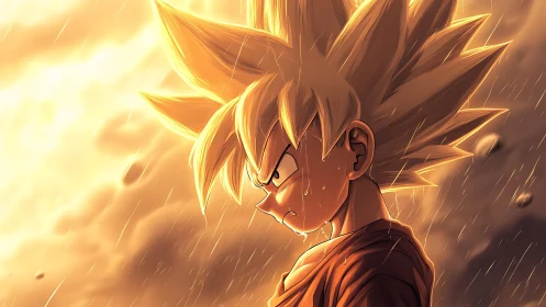 Storm-lit warrior kid glaring through molten rain glare.