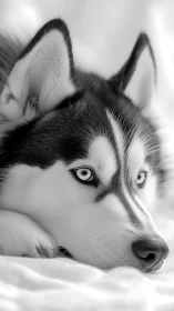 Siberian husky rests quietly with intense icy blue gaze.