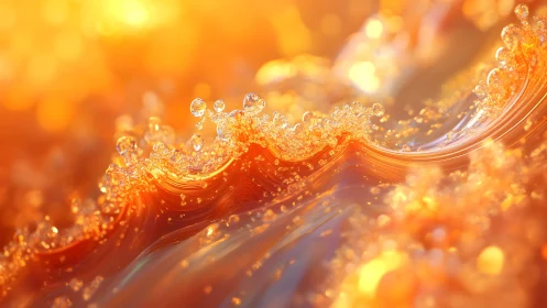 Golden sunlight abstract wave with sparkling droplets, digital art.