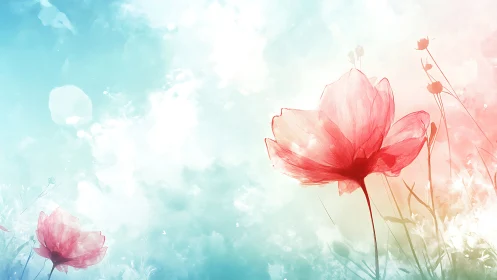 Ethereal Red Cosmos Flowers Against Aquamarine Sky.