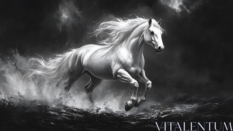 White stallion emerges dynamically from monochrome storm surf