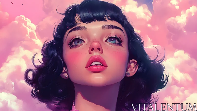 Digital portrait shows young woman against vivid pink clouds