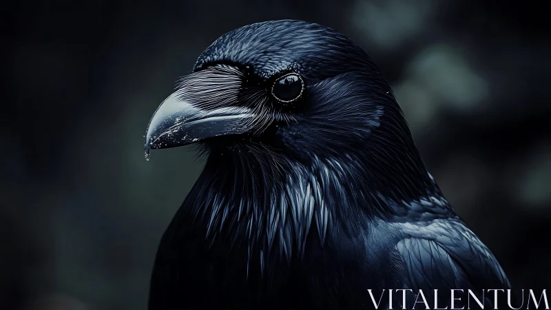 Close-up portrait of a raven in moody, dark-toned photography style.