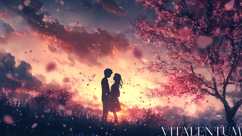 Twilight cherry blossoms cradle two silhouetted lovers softly.