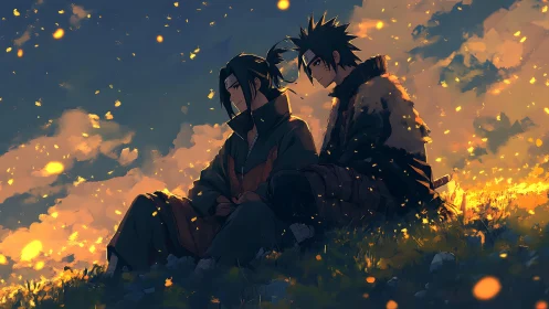 Quiet sunset companions resting in golden evening glow.