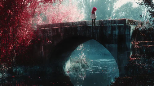 Girl on old bridge above misty river in red forest.