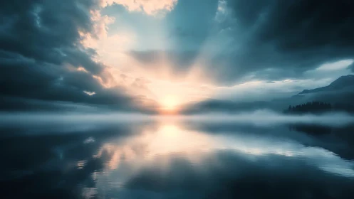 Stormlit dawn halo over glassy mist-wrapped mountain lake.