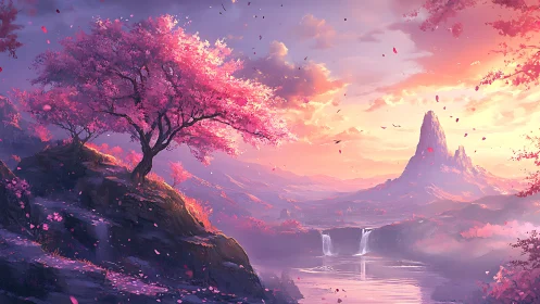 Radiant sakura valley rendered in luminous digital fantasy lighting