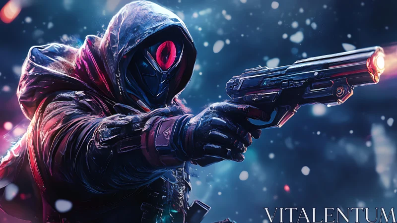 Cybernetic hooded marksman aims pistol in neon snowstorm.