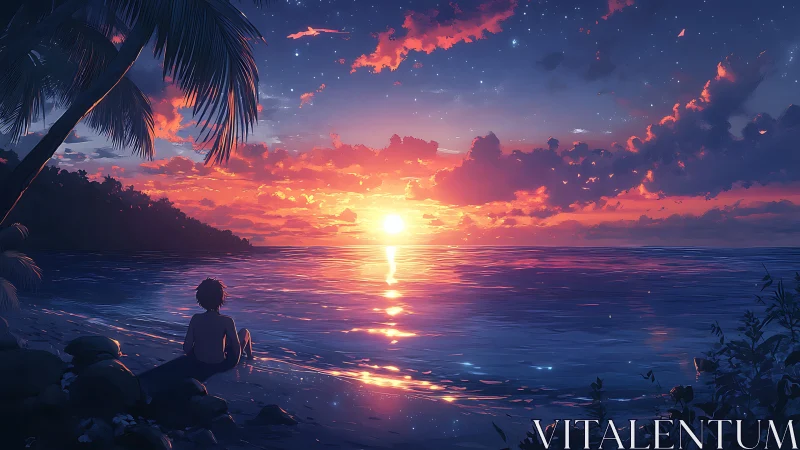 Coastal horizon at sunset with seated figure and palm trees.