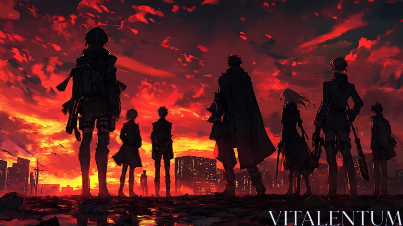 Friends standing strong beneath a blazing city sunset sky.