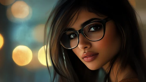 Soft city lights framing a thoughtful girl in glasses.
