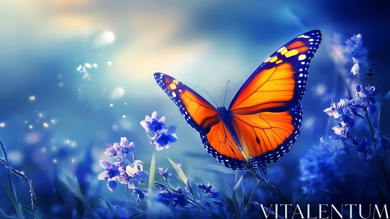 Glowing orange butterfly rests gently among dreamy blue flowers