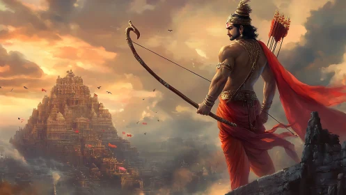 Epic archer overlooking mythic stepped temple city at sunrise