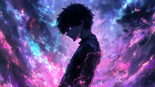 Charged silhouette within turbulent chromatic nebula field.