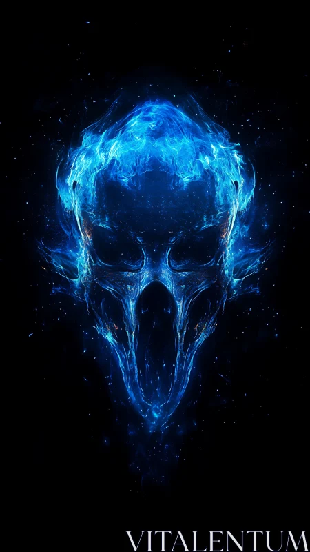 Energy-based skull silhouette forms from blue plasma structure
