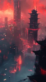 Futuristic neon megacity with layered pagoda silhouettes at dusk.