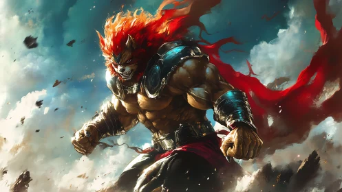 Sky-shattering lion warlord strides through stormfire skies.