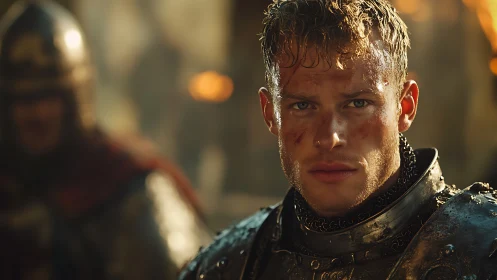 Armored soldier with dirt-marked face in battle setting.