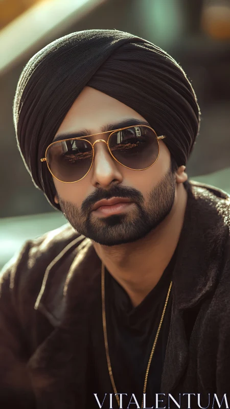 Cool confidence in sunlight with turban, beard, and shades.