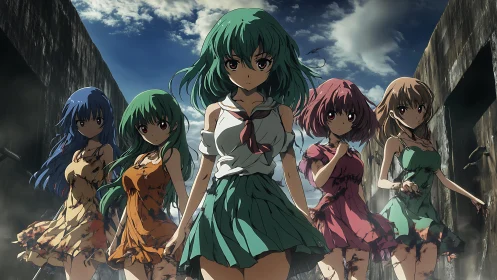 Five determined anime girls in torn dresses in ruined alley