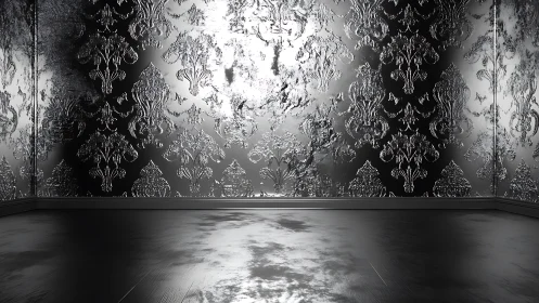 Metallic damask corner interior with reflective wall reliefs.