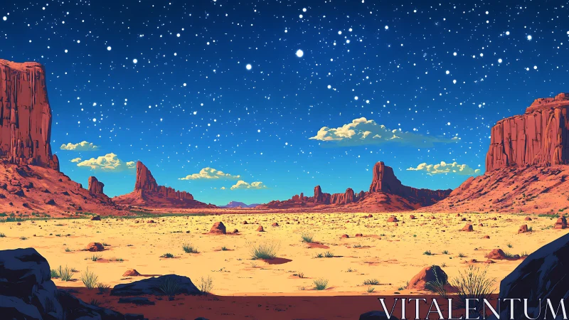Digital painting of starry desert canyon under deep blue sky.