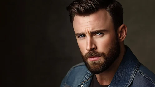 Bearded male portrait in denim jacket against dark backdrop.