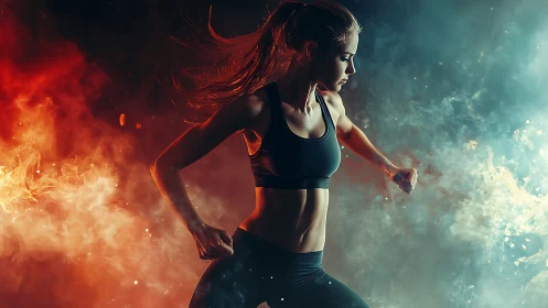 Athletic woman runs through fire and ice colored smoke