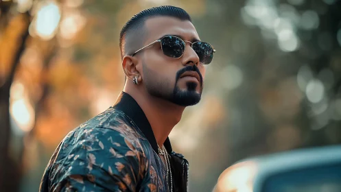 Man wearing sunglasses stands outdoors in shallow focus