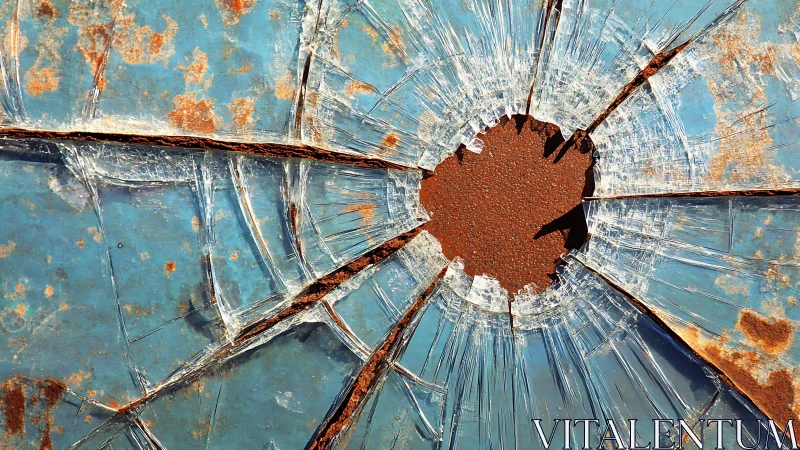 Shattered glass with rusted blue metal background, abstract style.