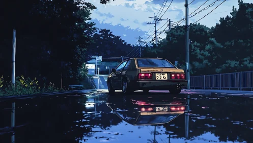 Rain-slick backroad reverie with a lone nostalgic coupe.