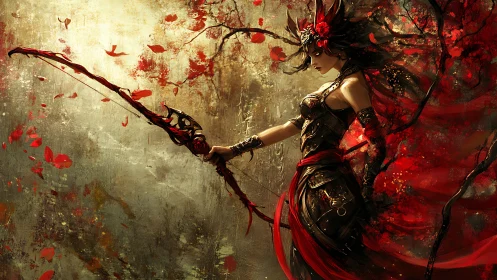 Warrior archer goddess amid swirling red petals and steel.