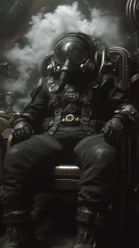 Photorealistic gas-masked pilot in industrial restraint chair.