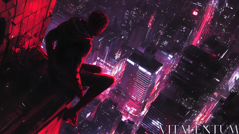 Urban vigilante overlooking neon-soaked futuristic skyline.