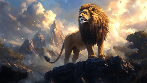 Majestic lion greeting the glowing mountains at sunrise.