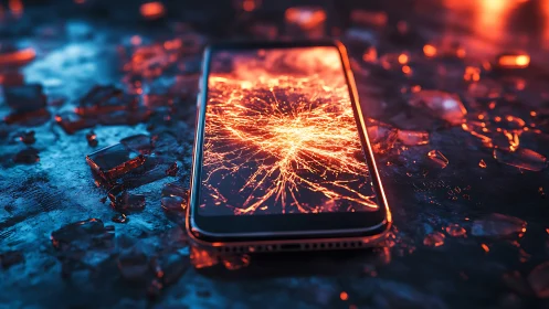 Shattered smartphone glowing like a tiny city on fire.
