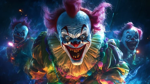 Grotesque killer clown trio in vivid neon horror scene.
