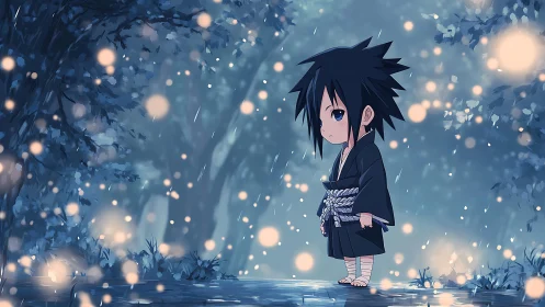 Solitary child figure in stylized blue forest environment.