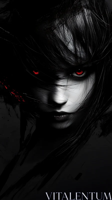 Dark portrait shows pale woman with glowing red eyes emerging
